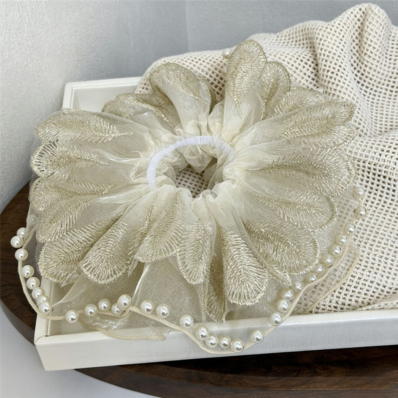 Elegant Feather Embroidery Pearl Decor Scrunchies 6W6HSR383