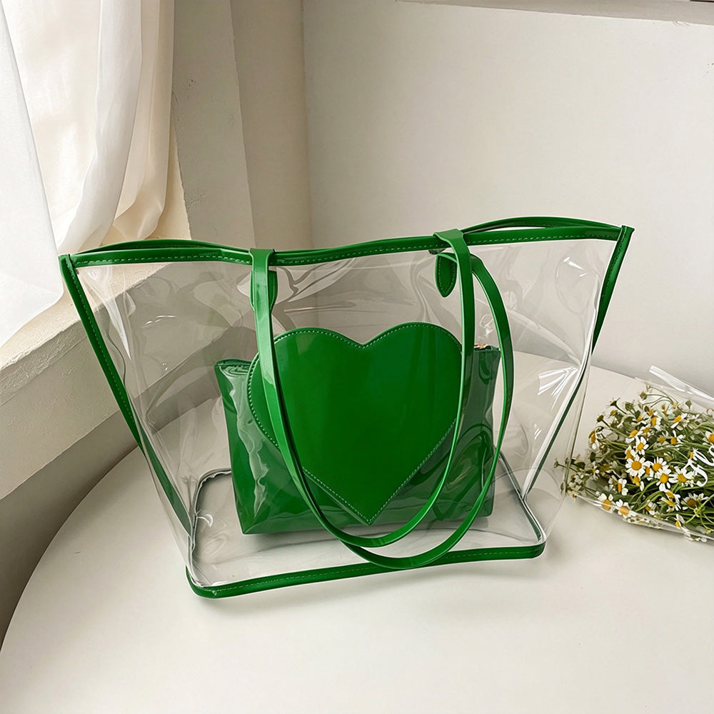 2-Piece Color Contrast Heart Clear Jelly Tote Bag 6W10BBG2130