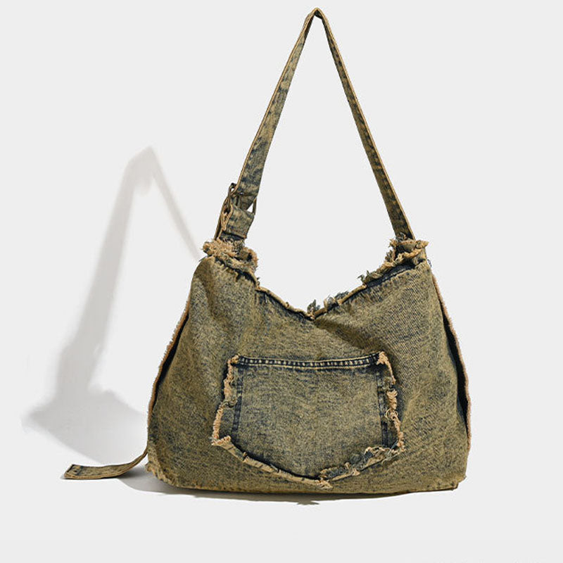Vintage Washed Distressed Denim Studded Shoulder Bags 6W10BBG1338