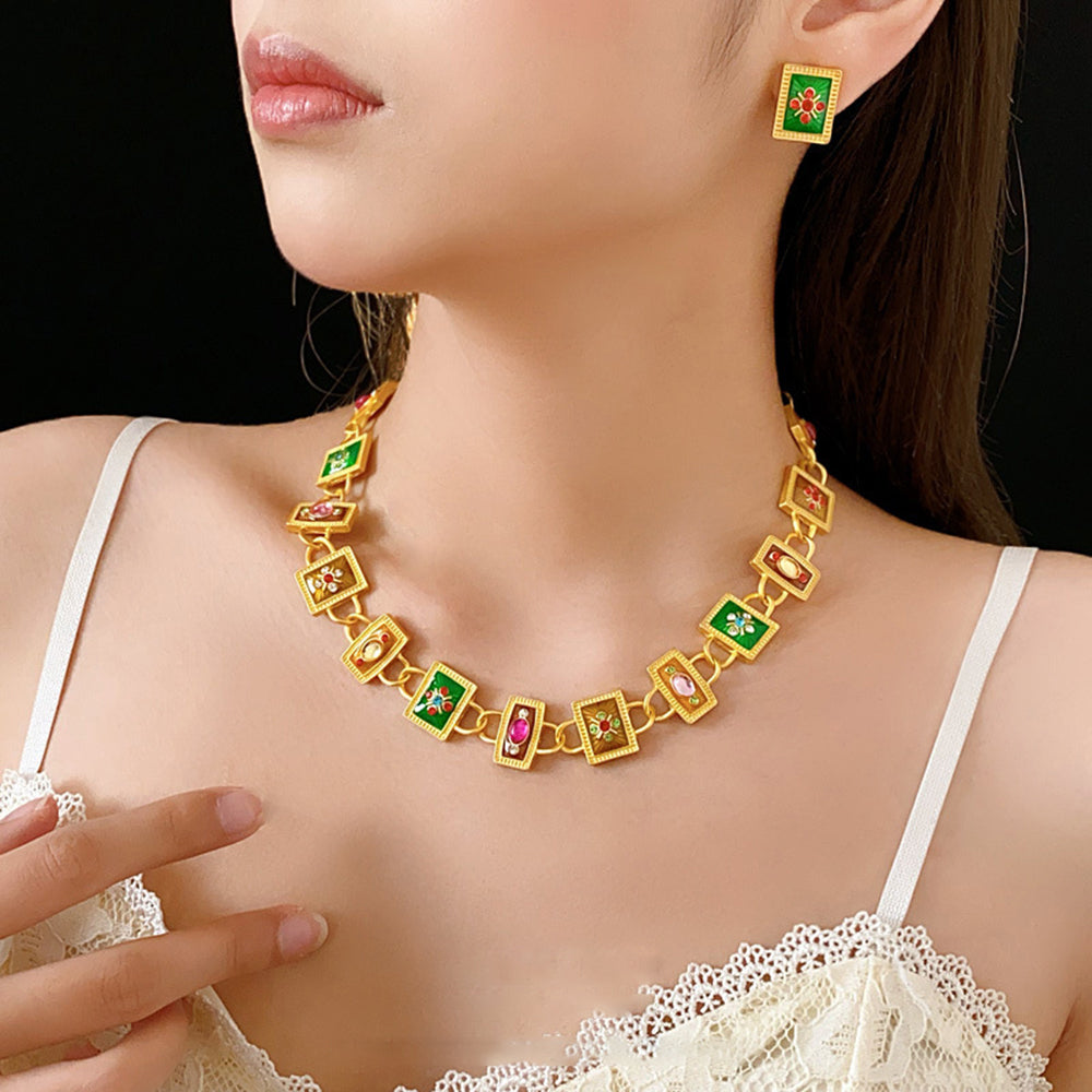 Vintage Rhinestone Floral Geometry Chain Necklace 6W6JNC919