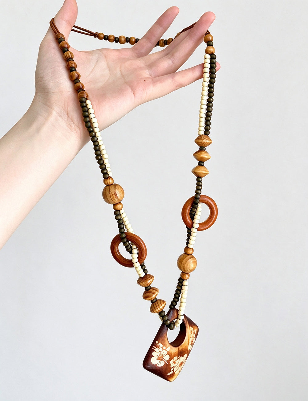 Wooden Floral Beaded Necklace - DippedShop Wholesale - #4371