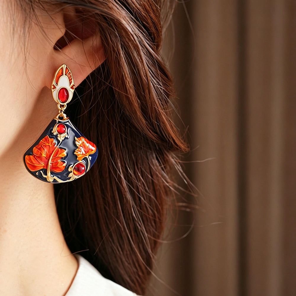 Vintage Enamel Maple Leaf Fan Earrings 6W6JER790