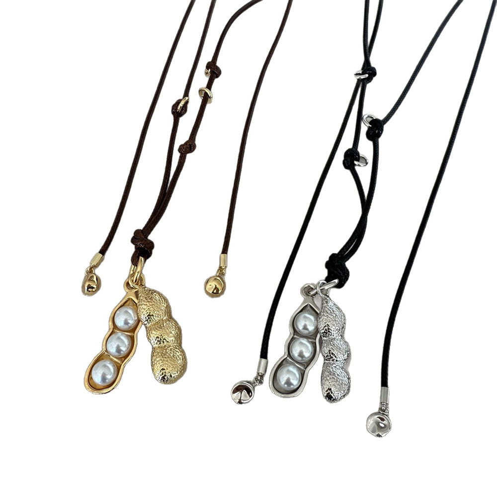 Simple Pea Pod Pearl Pendant Cord Necklace 6W6JNC1013