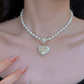 Elegant Double Layer Rhinestones Pearl Pendant Necklace 6W6JNC924