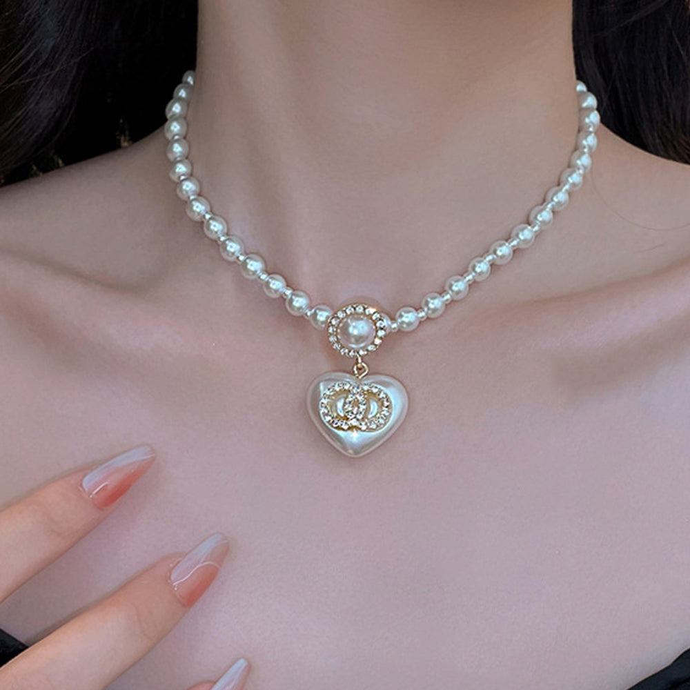 Elegant Double Layer Rhinestones Pearl Pendant Necklace 6W6JNC924