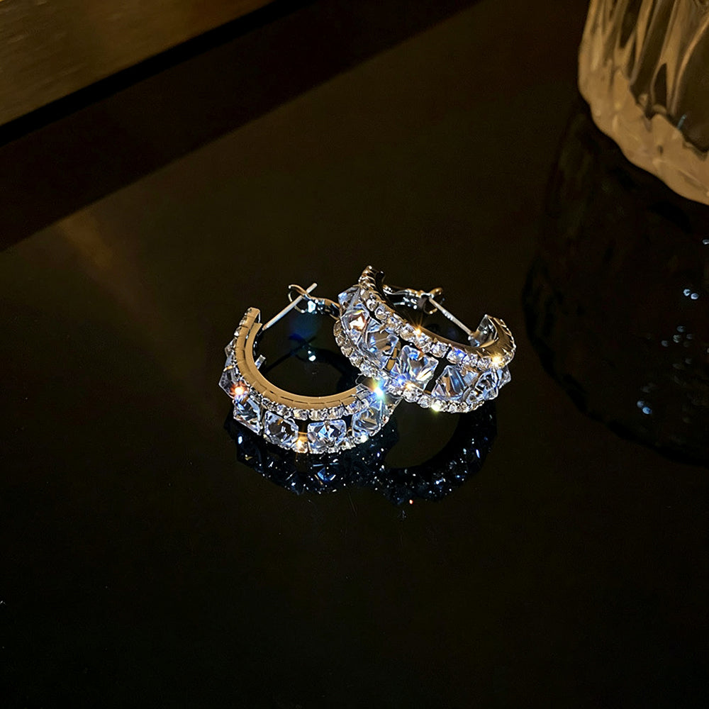 Trendy Sparkly Rhinestone C-Shaped Hoop Earrings 6W6JER726