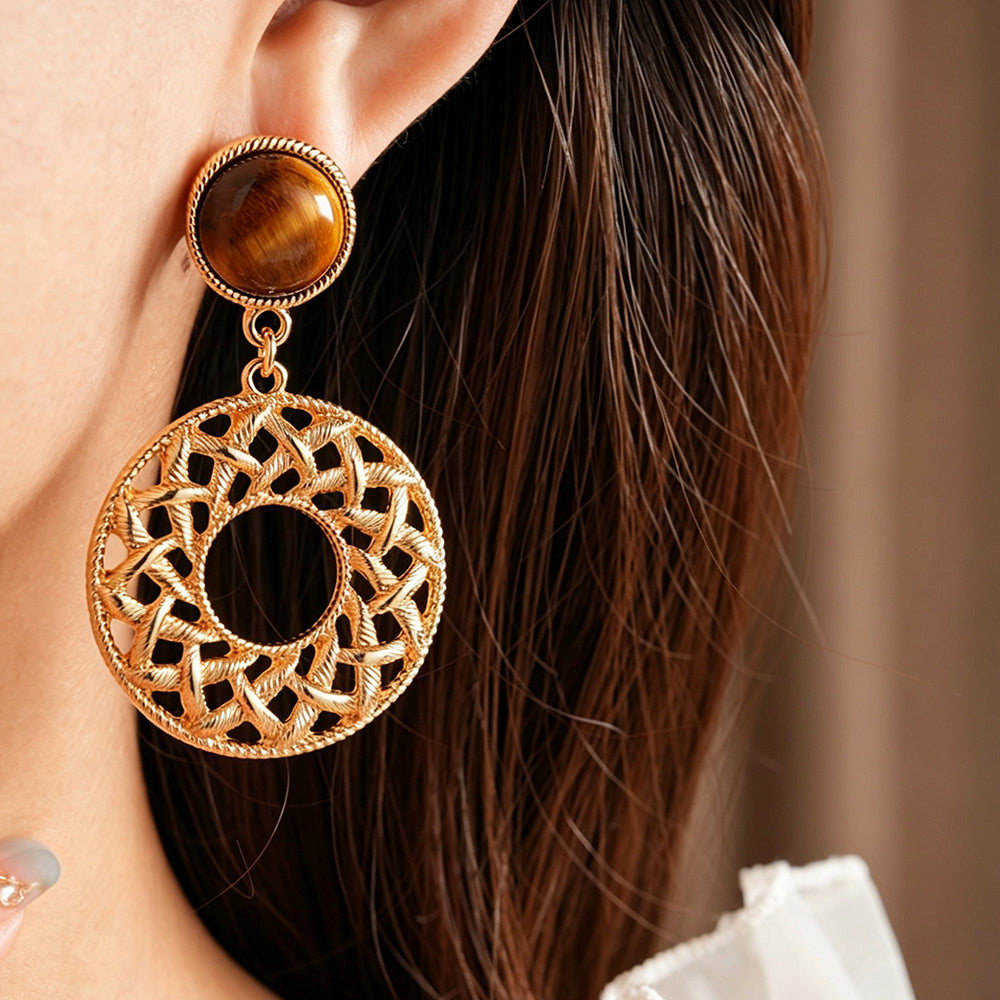 Vintage Tiger Eye Stone Hollow Circle Dangle Earrings 6W6JER774