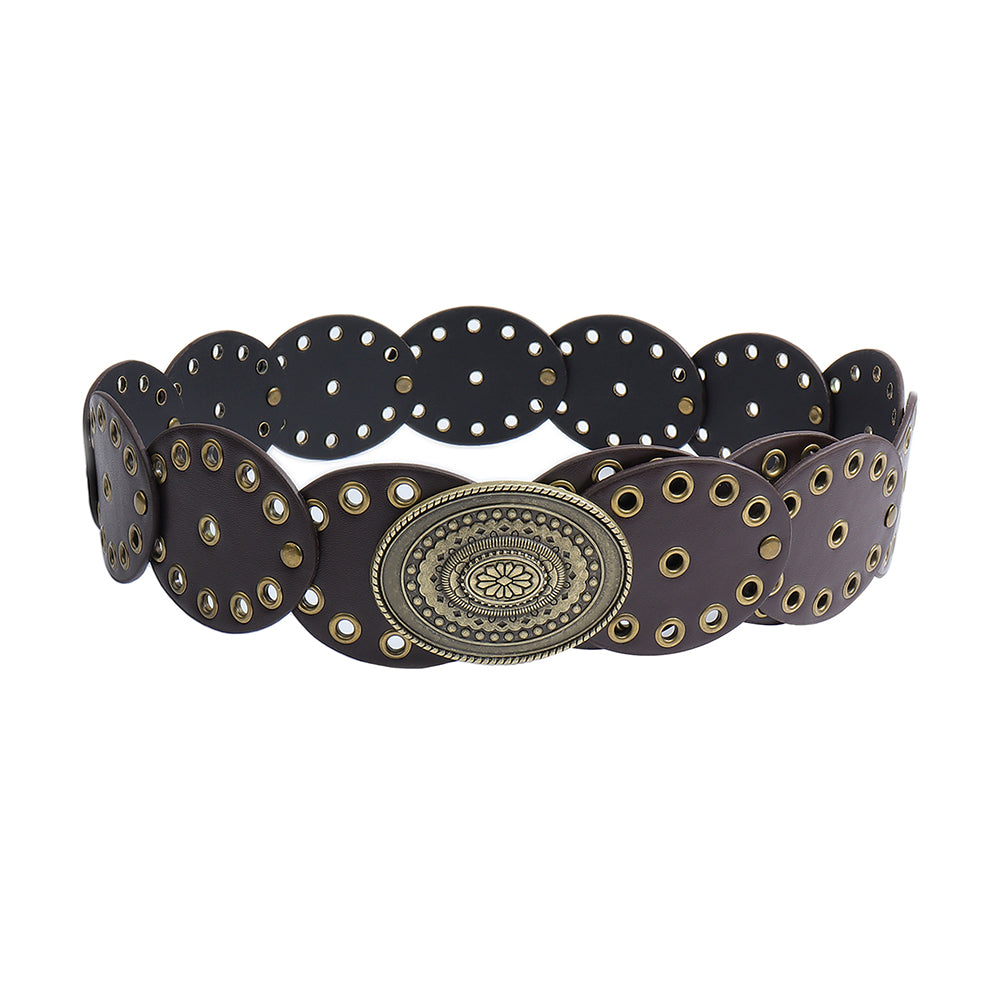Retro Western Oval Buckle Wide Disc Waist Belt 6W6JBT234