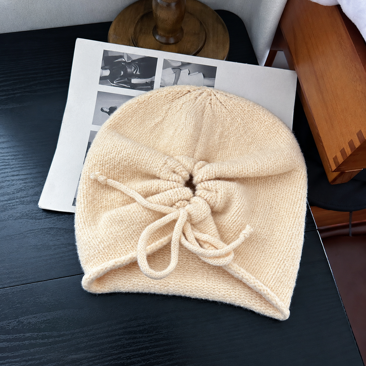 Simple Solid Color Drawstring Knit Beanie Hat 6W6HAT719