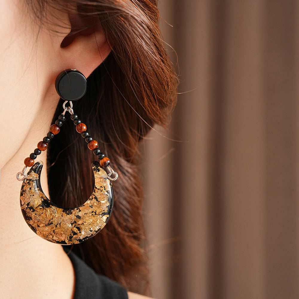 Vintage Resin Gold Foil Crescent Moon Dangle Earrings 6W6JER740