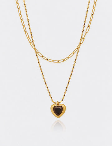 Vintage Double Layered Black Heart Pendant Necklace 6W6JNC1072
