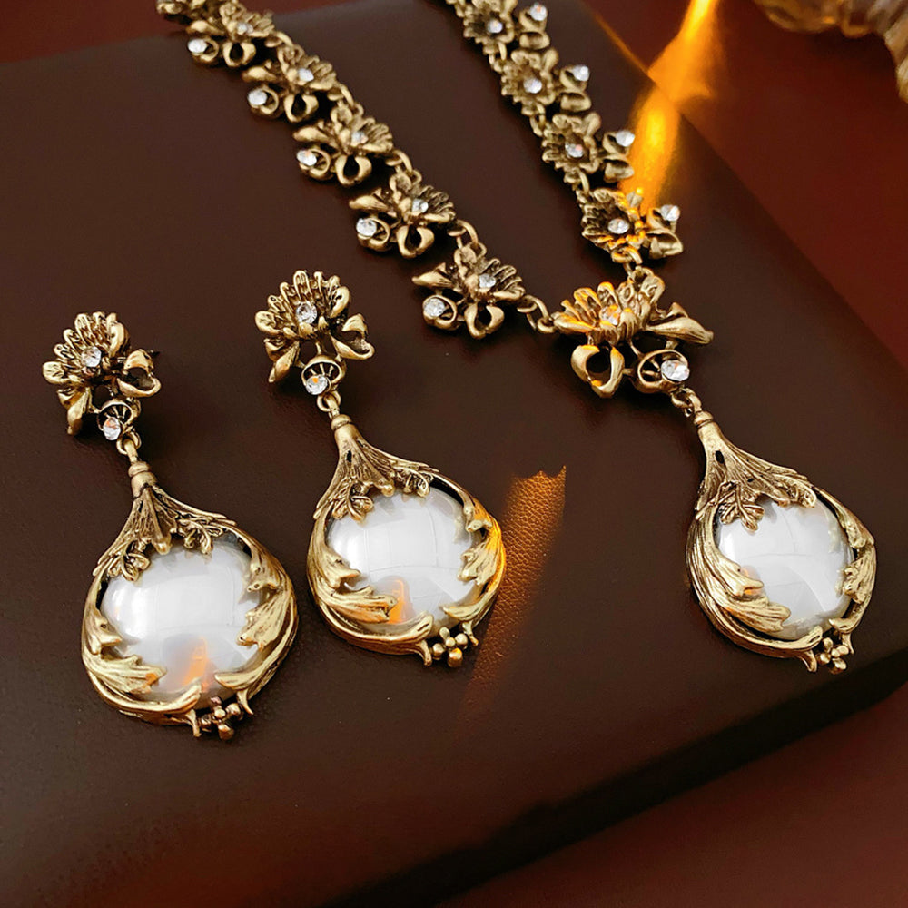 Vintage Pearl Pendant Rhinestones Floral Chain Necklace 6W6JNC977