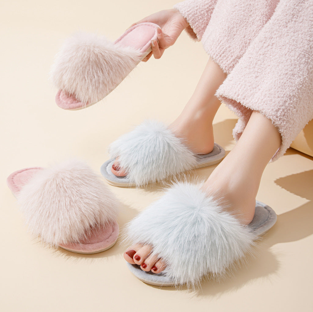 Fluffy Faux Fur Open-Toe Indoor Slippers 6W8FSP282