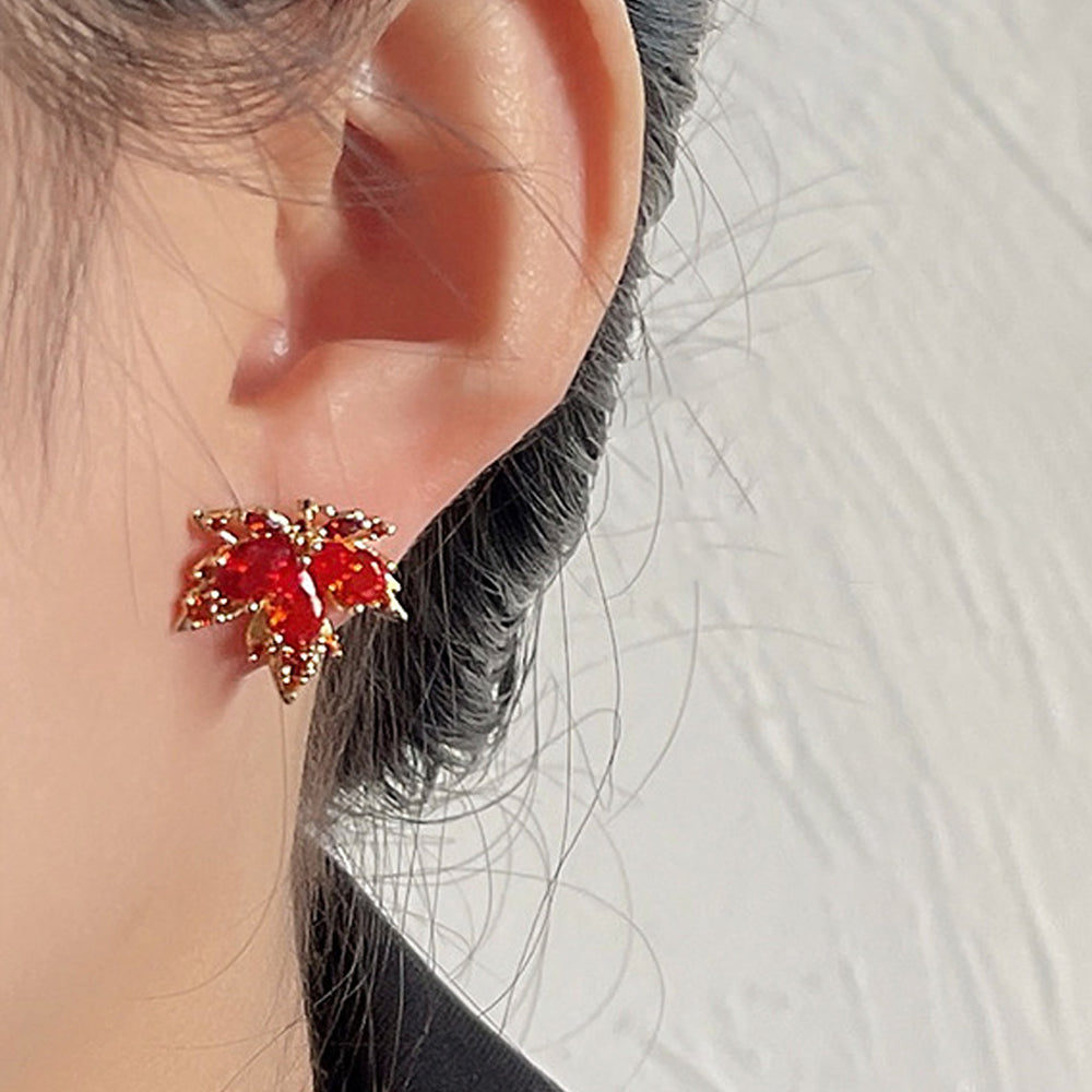 Vintage Red Cubic Zircon Maple Leaf Stud Earrings 6W6JER947