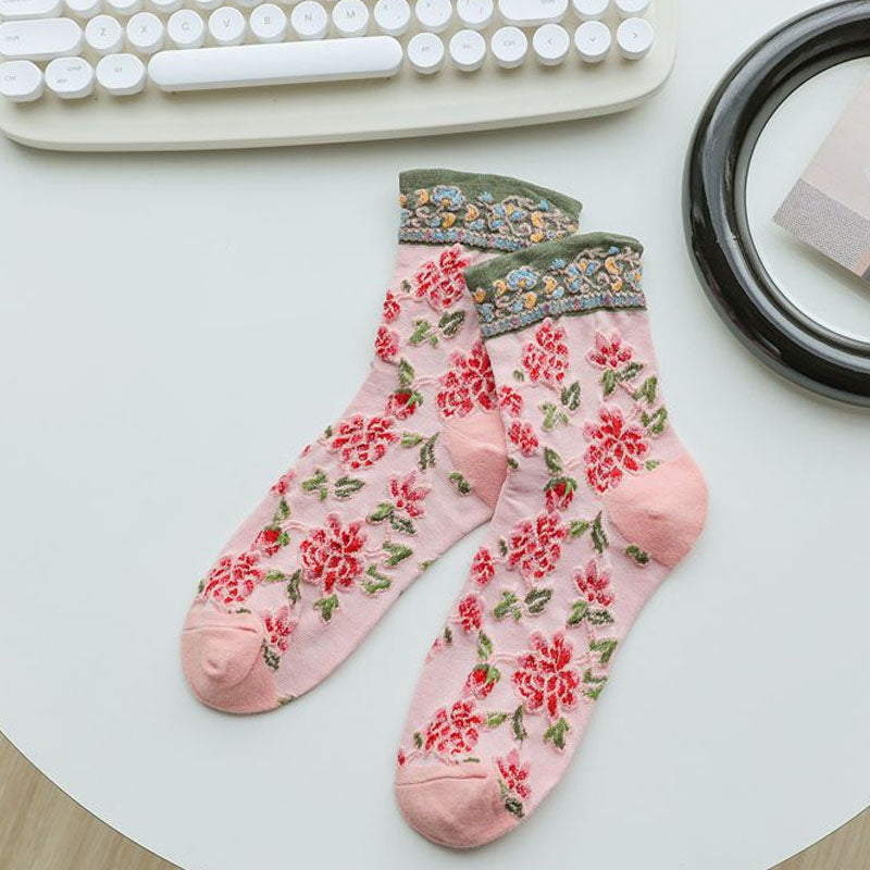 Vintage Floral Embossed Breathable Crew Socks 6W8FSO741