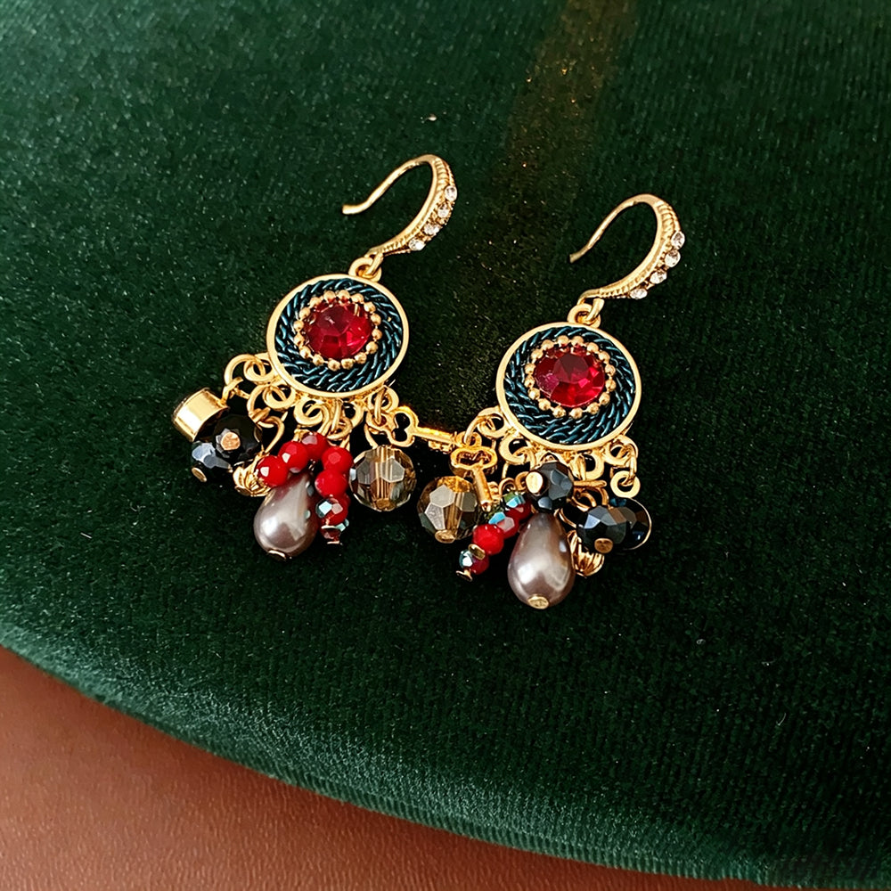 Vintage Rhinestone Pearl Tassel Drop Earrings 6W6JER728