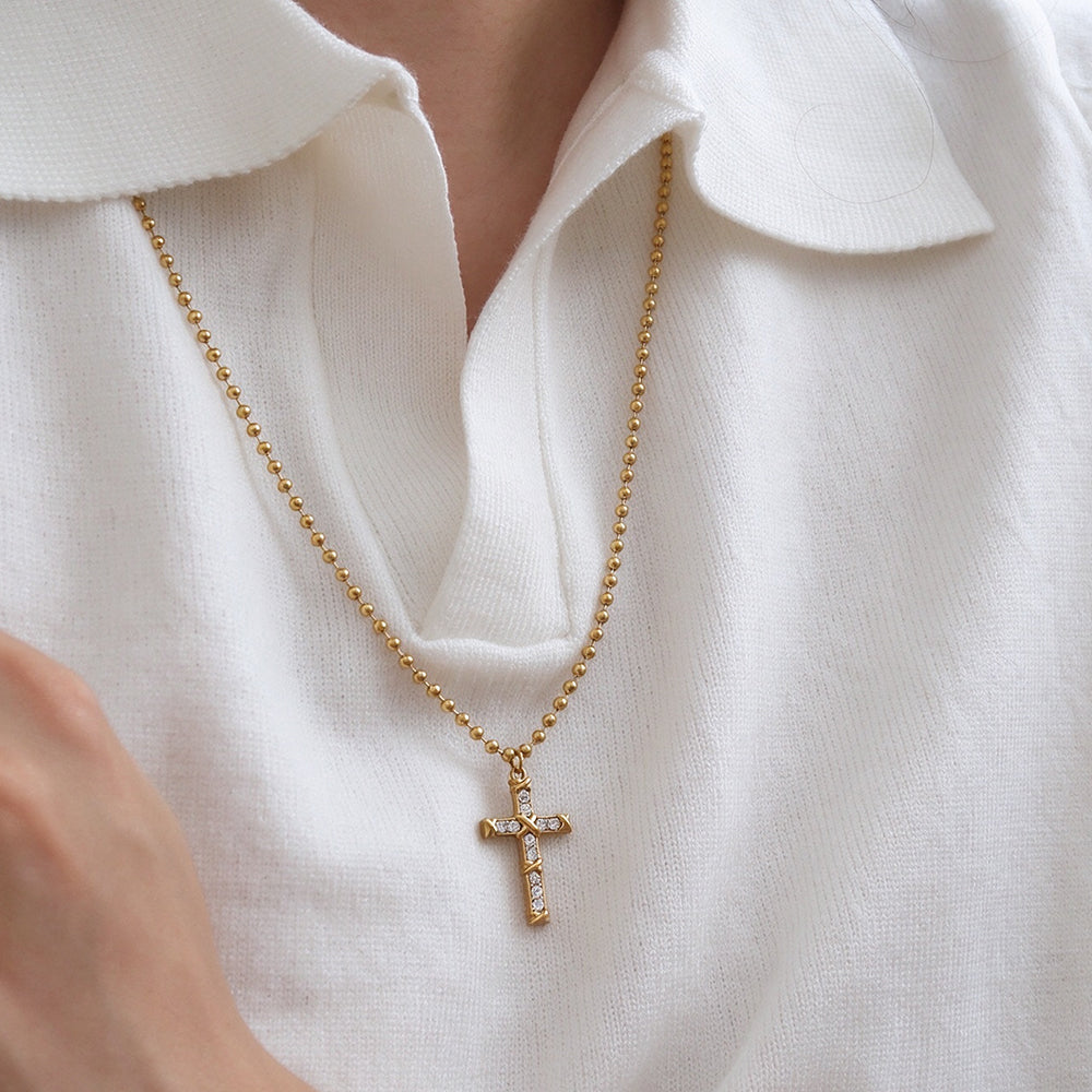 Trendy Rhinestone Cross Pendant Bead Chain Necklace 6W6JNC1011