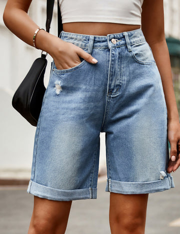 Distressed Folded Denim Bermuda Shorts DP25B699