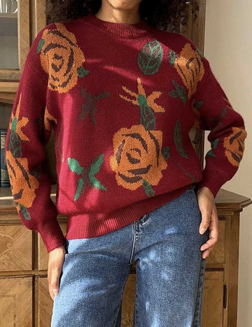 Vintage Round Neck Floral Woven Knit Top DP25E532