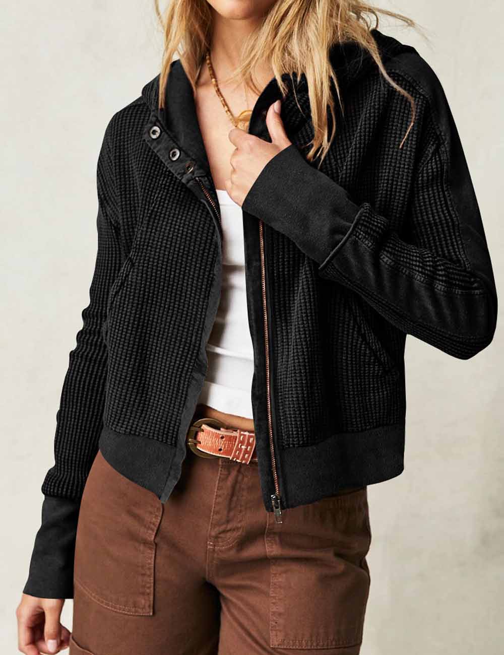 Casual Solid Color Zip Up Cropped Hoodie DP25E509