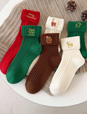 Cute Bear Embroidered Christmas Cozy Crew Socks DP25G759