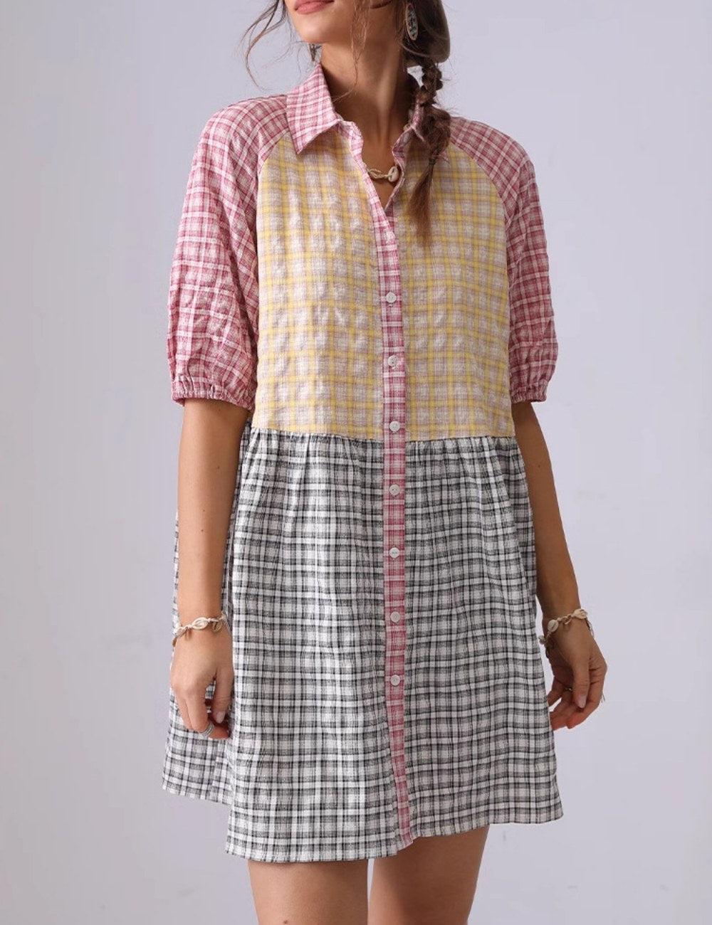 Colorful Plaid Splicing Lapel Mini Dress DP25C879