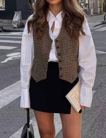 Vintage Plaid V-Neck Sleeveless Vest DP25E920