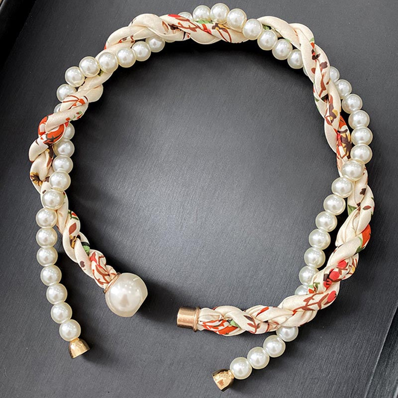 Vintage Paisley Print Pearl Chain Magnetic Scarf Necklace MK2BW6W6JNC235