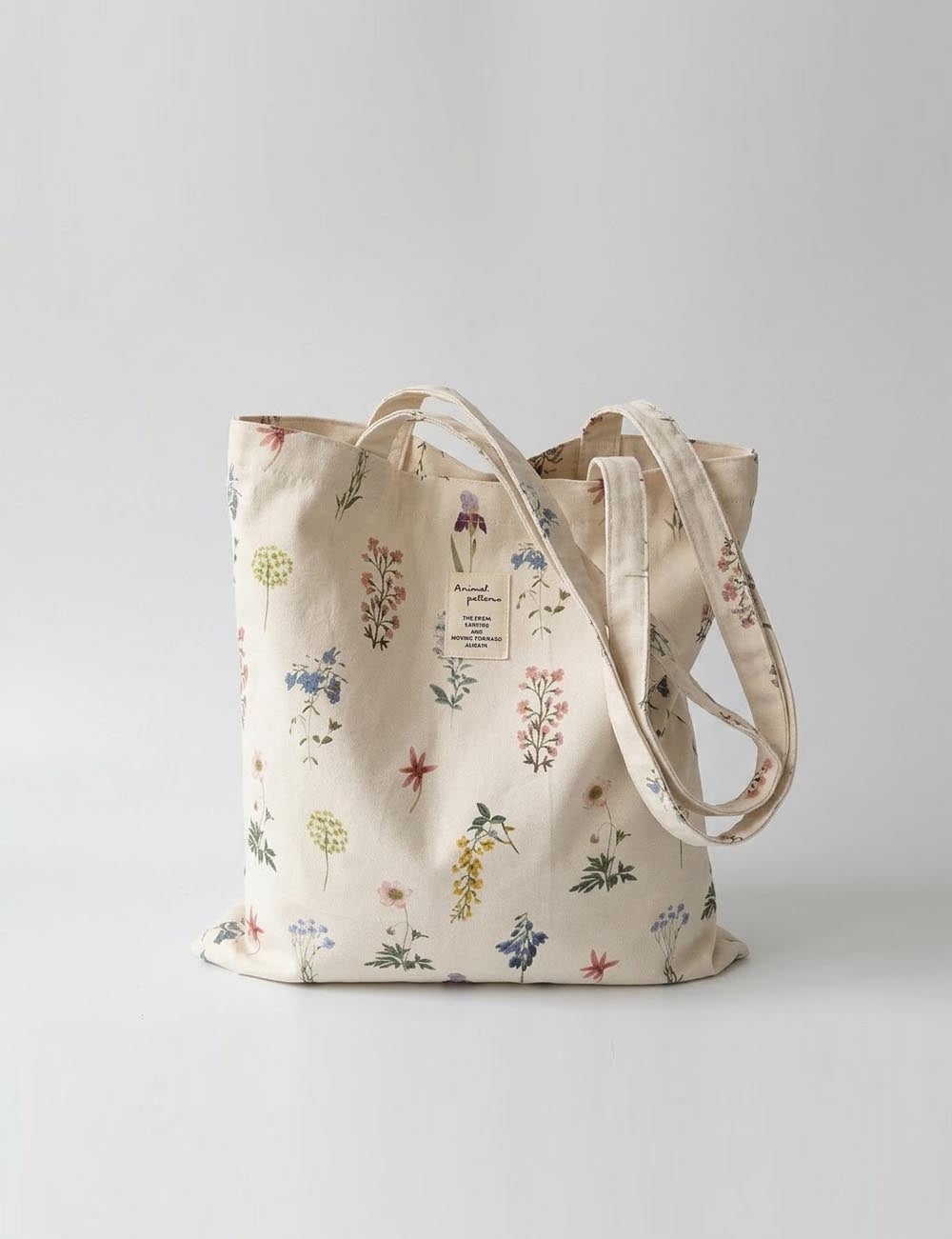 Beige Floral Cotton Tote - DippedShop Wholesale - #3923