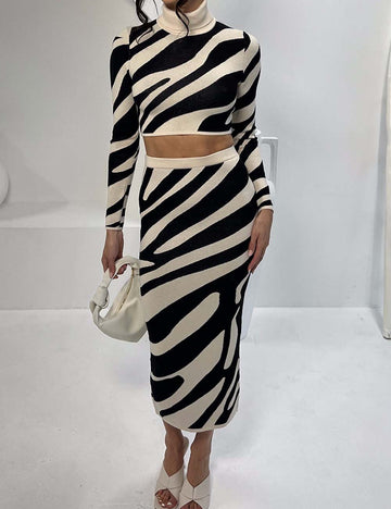 2 Pcs Fall Striped Long Sleeve Bodycon Maxi Skirt DP25G539