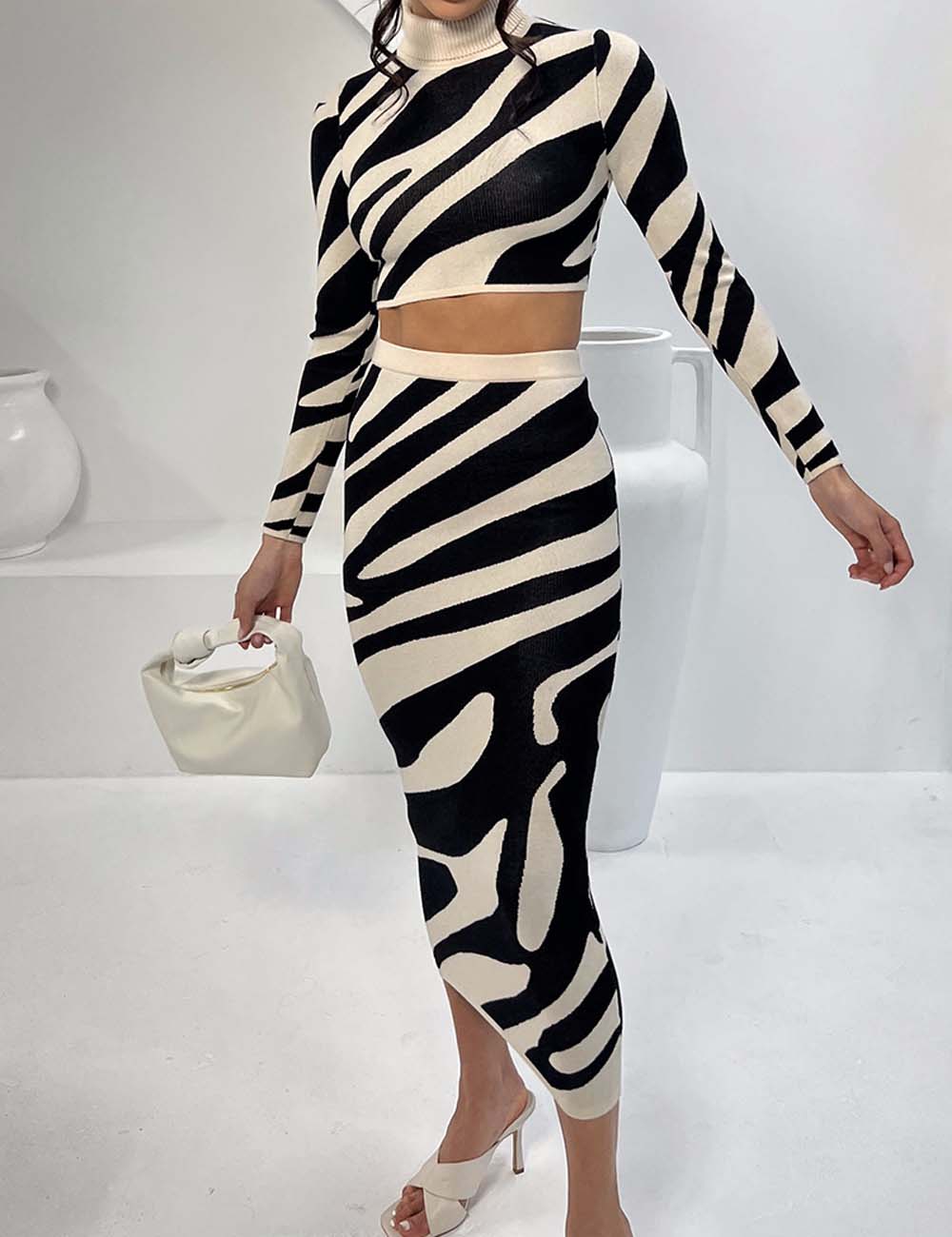 2 Pcs Fall Striped Long Sleeve Bodycon Maxi Skirt DP25G539