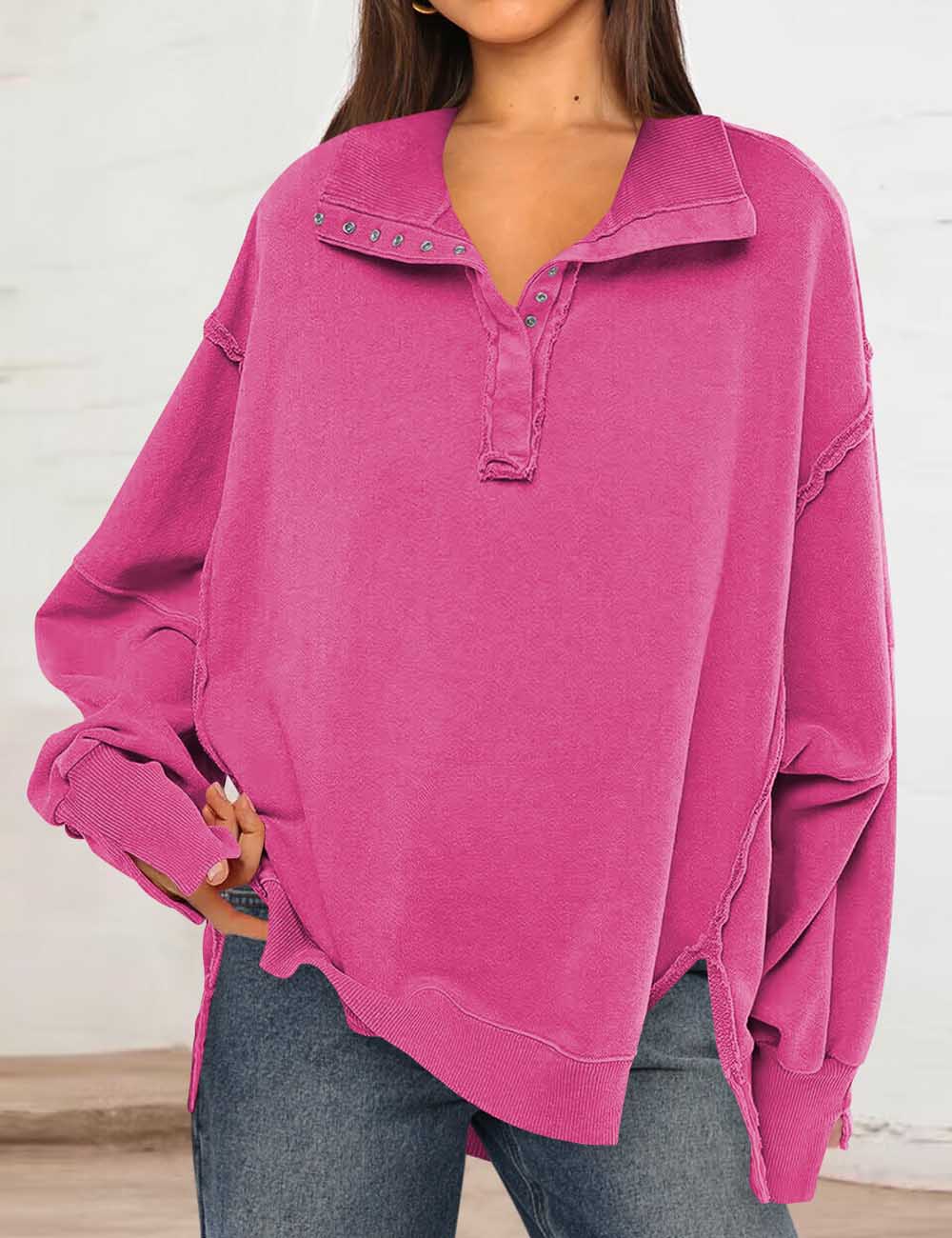 Vintage Solid Color Polo Collar Lantern Sleeve Top DP25E474