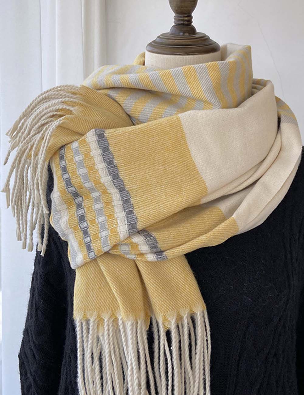 Classic Striped Plaid Faux Cashmere Tassel Scarf DP25H680