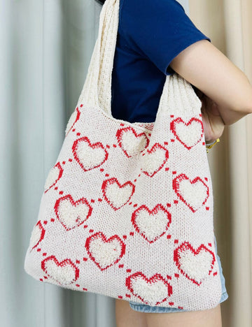 10+ Love Print Color Block Handbag Knit Tote Bag DPB1603