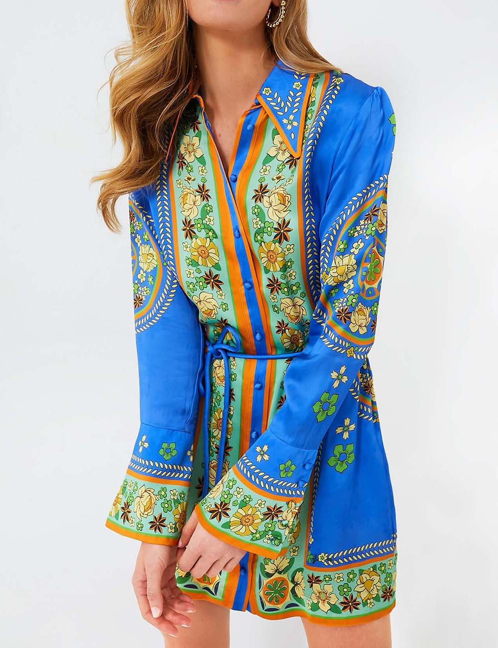 Lapel Floral Buttons Belt MIni Dresses DP25E660