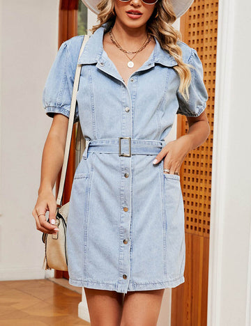 Washed Button Belt Denim Midi Dress DP25E638