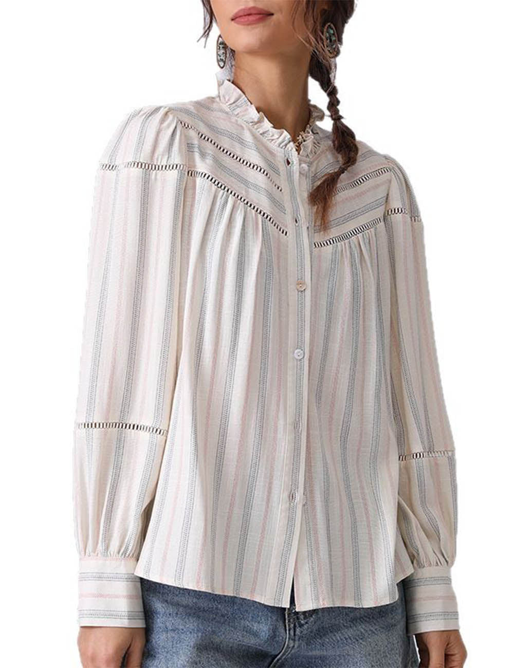 Simple Striped Long Sleeve Ruffle Neck Top DP25D879