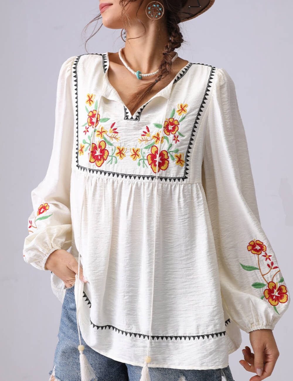 Floral Embroidered V-Neck Tie-Front Blouse DP25D885