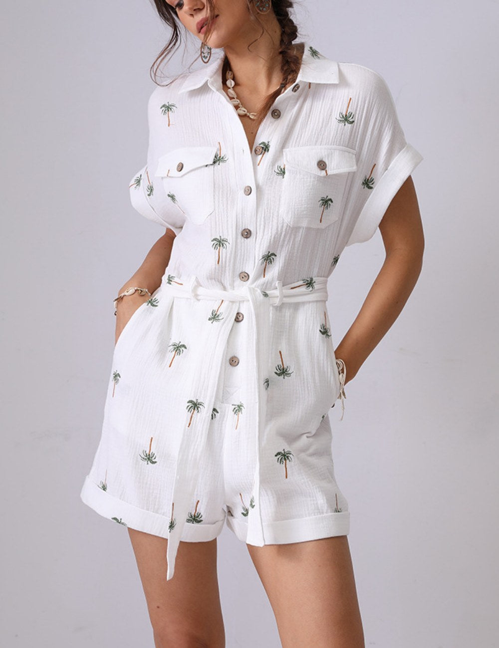 Tree Embroidered String Pockets Lapel Romper DP25C889