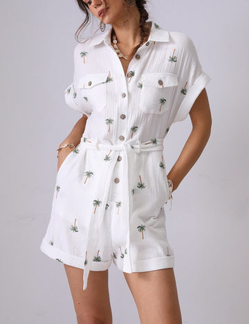 Tree Embroidered String Pockets Lapel Romper DP25C889