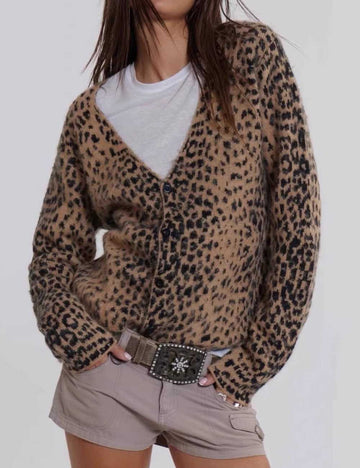 Vintage Leopard Print V-Neck Long Sleeve Sweater DP25F714