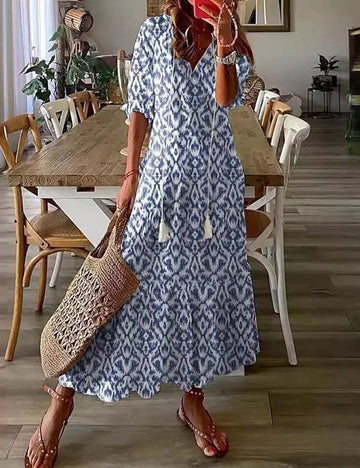 V-Neck Print Mid Sleeves Long Dresses DP25D663