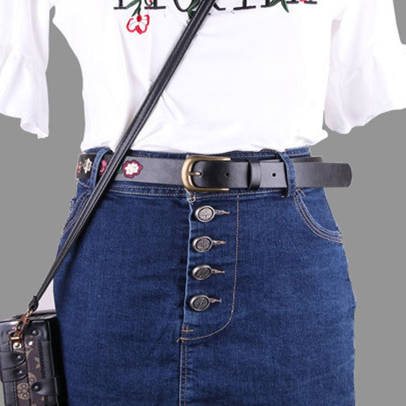 Vintage Floral Embroidered Skinny Leather Belt MK2LEEP6W6JBT45
