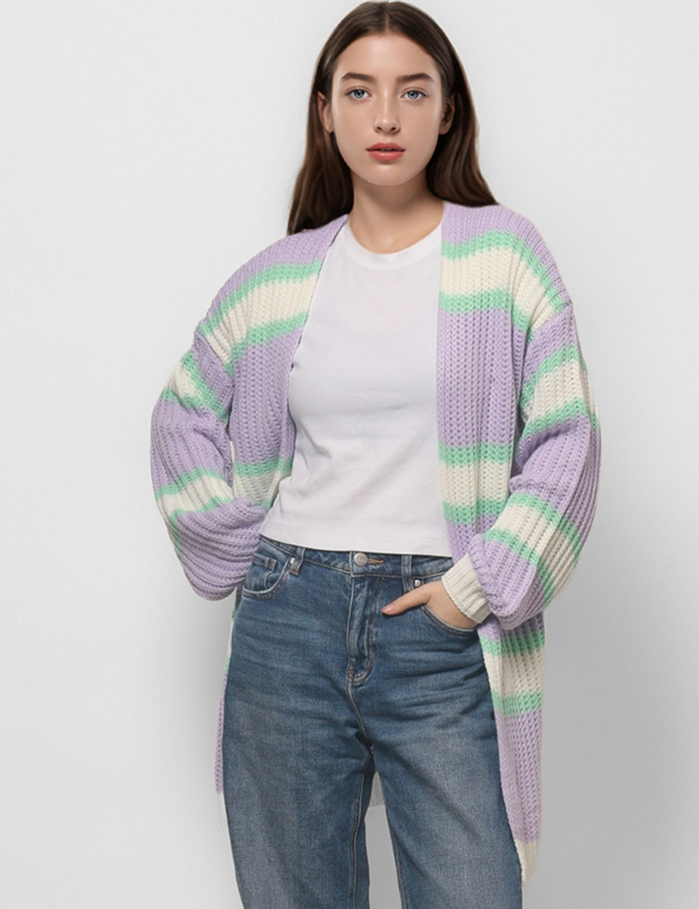 Striped Color Block Splice Knit Cardigan DPT4774