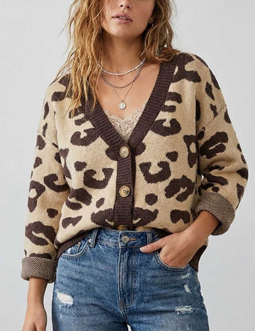 Leopard Print V-Neck Oversized Knit Cardigan DP25H633