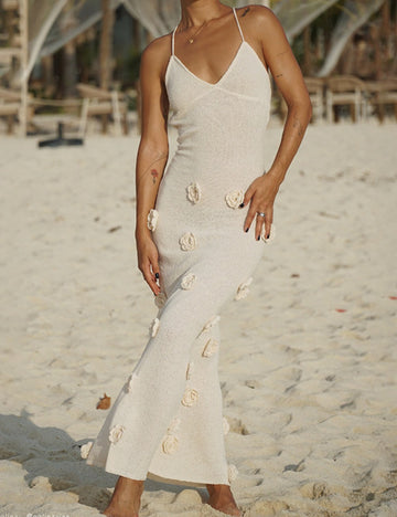 Halter 3D Floral Knit Backless Maxi Dress DP25C530