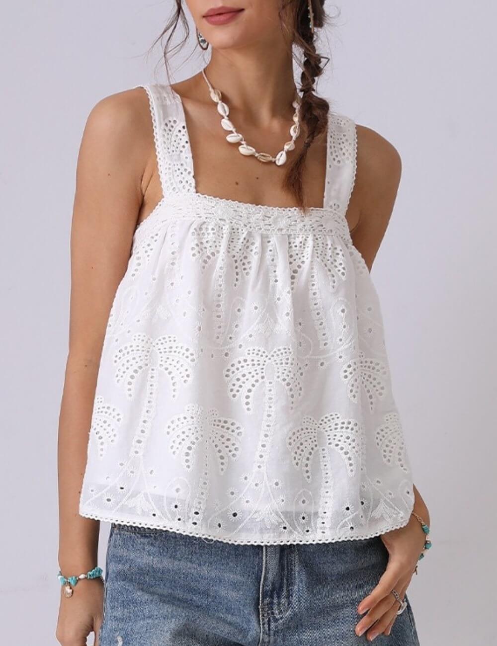 Palm Tree Embroidery Hollow Cotton Tank Top DP25C835