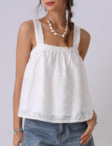 Palm Tree Embroidery Hollow Cotton Tank Top DP25C835