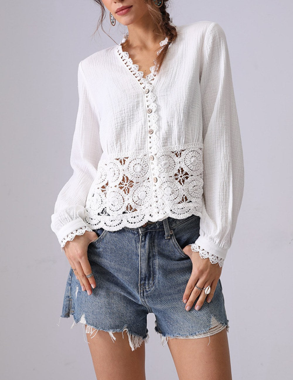 Hollow Lace Ruffled V-Neck Shirt DP25C869