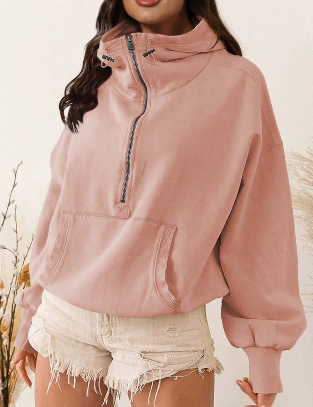 Casual Half Zip Drawstring High Neck Hoodie DP25E477